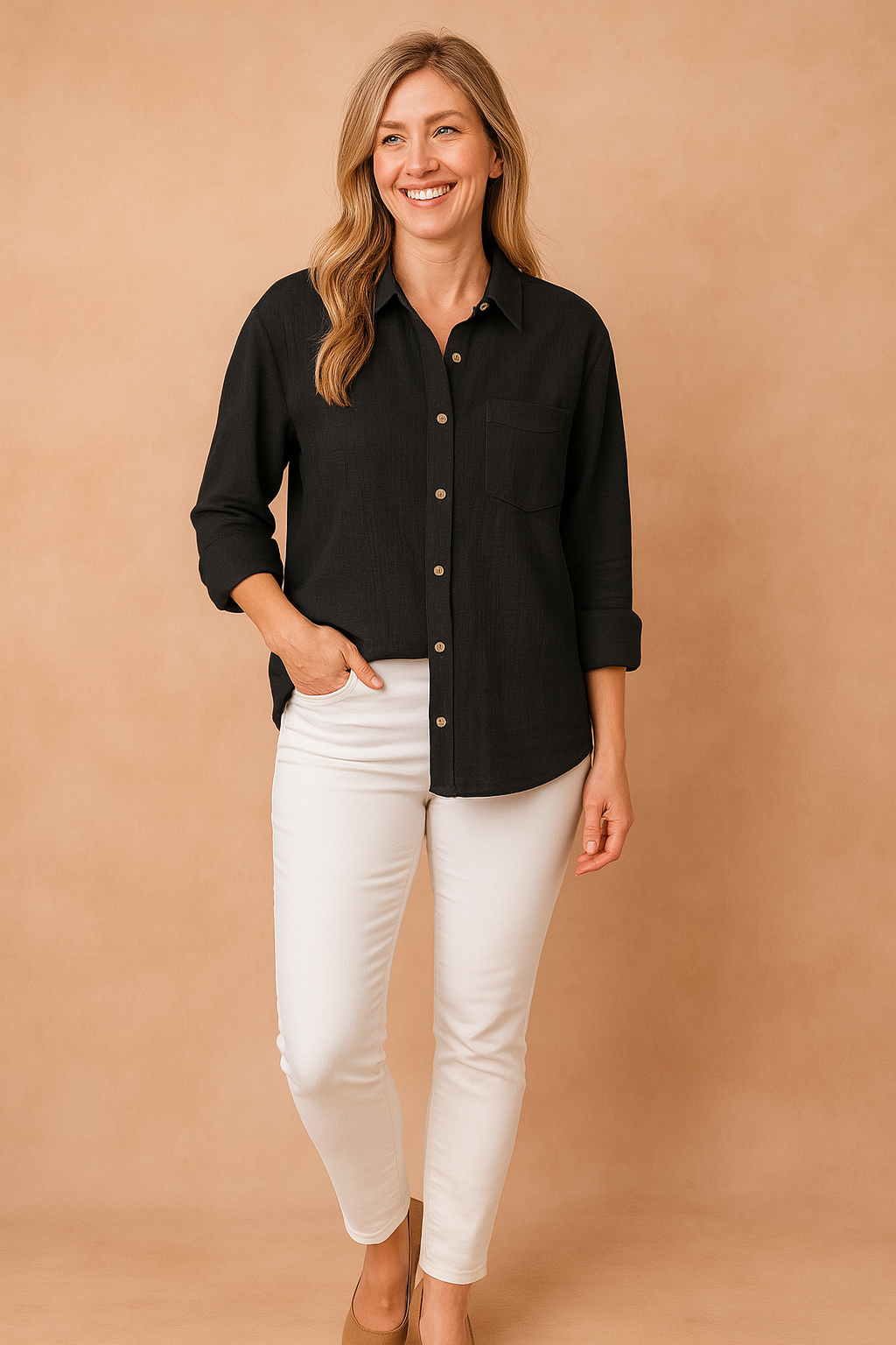 Women's Casual Loose-fitting Blouse with Pocket Cotton 3