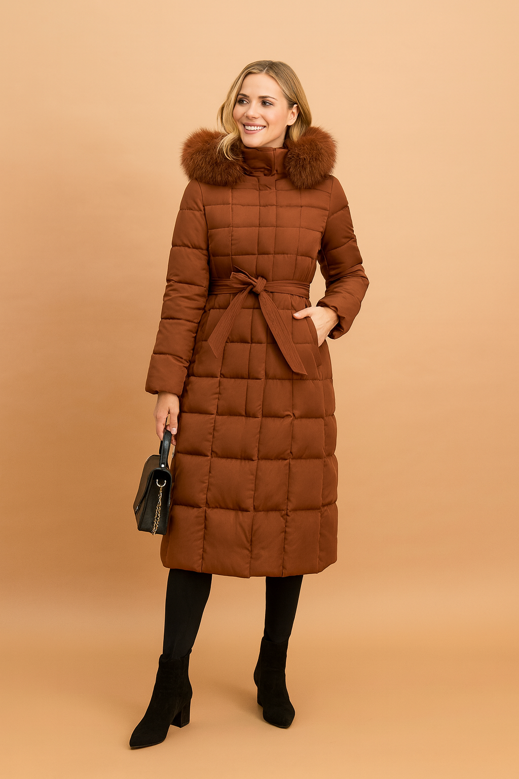 Women's Elegant Long Quilted Jacket with Belt and Fur Collar 0