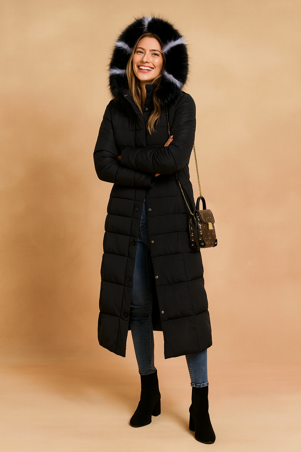 Women's Elegant Long Quilted Jacket with Belt and Fur Collar 1