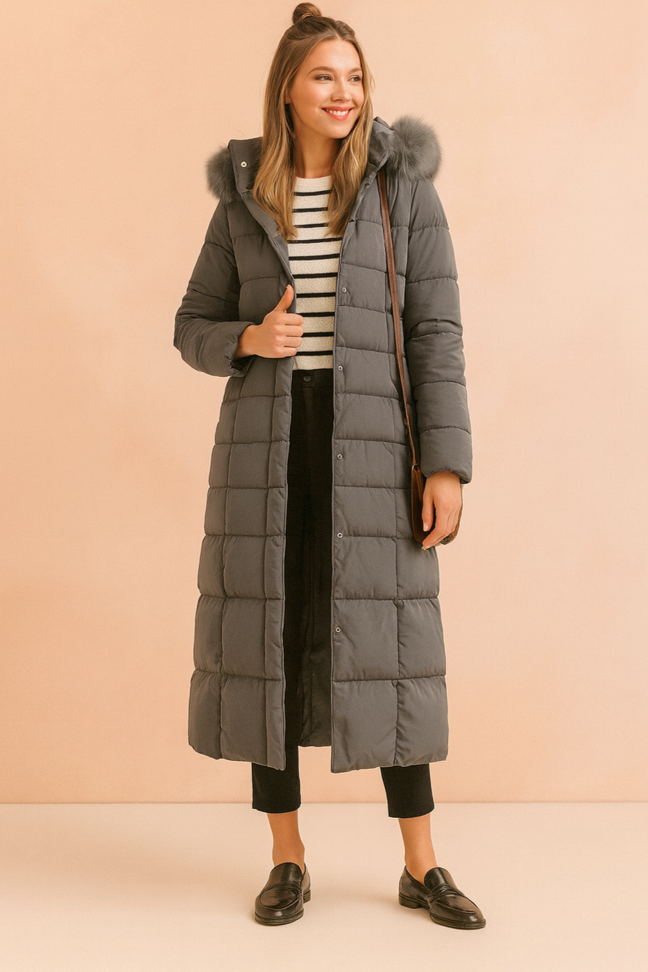 Women's Elegant Long Quilted Jacket with Belt and Fur Collar 2