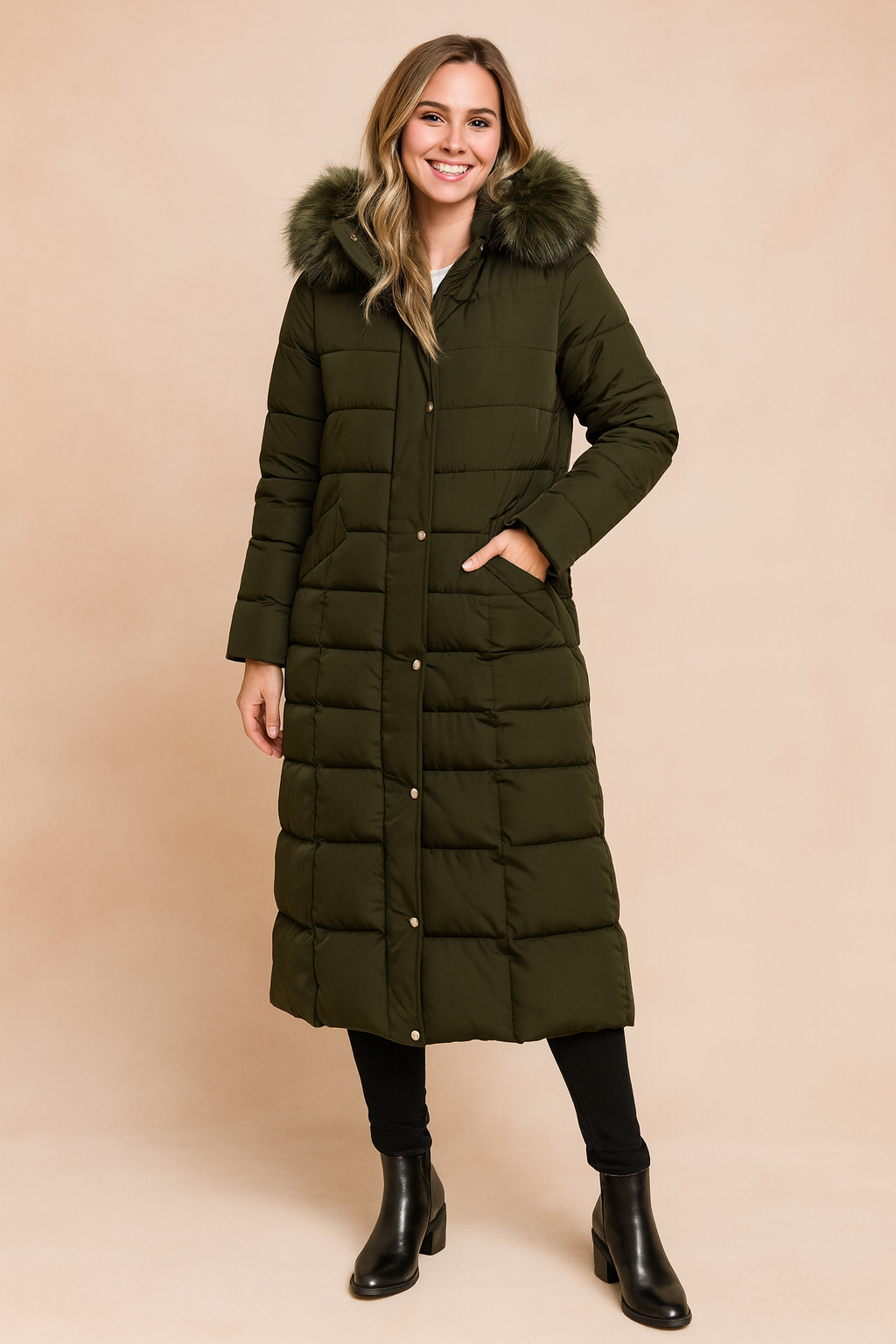 Women's Elegant Long Quilted Jacket with Belt and Fur Collar 3