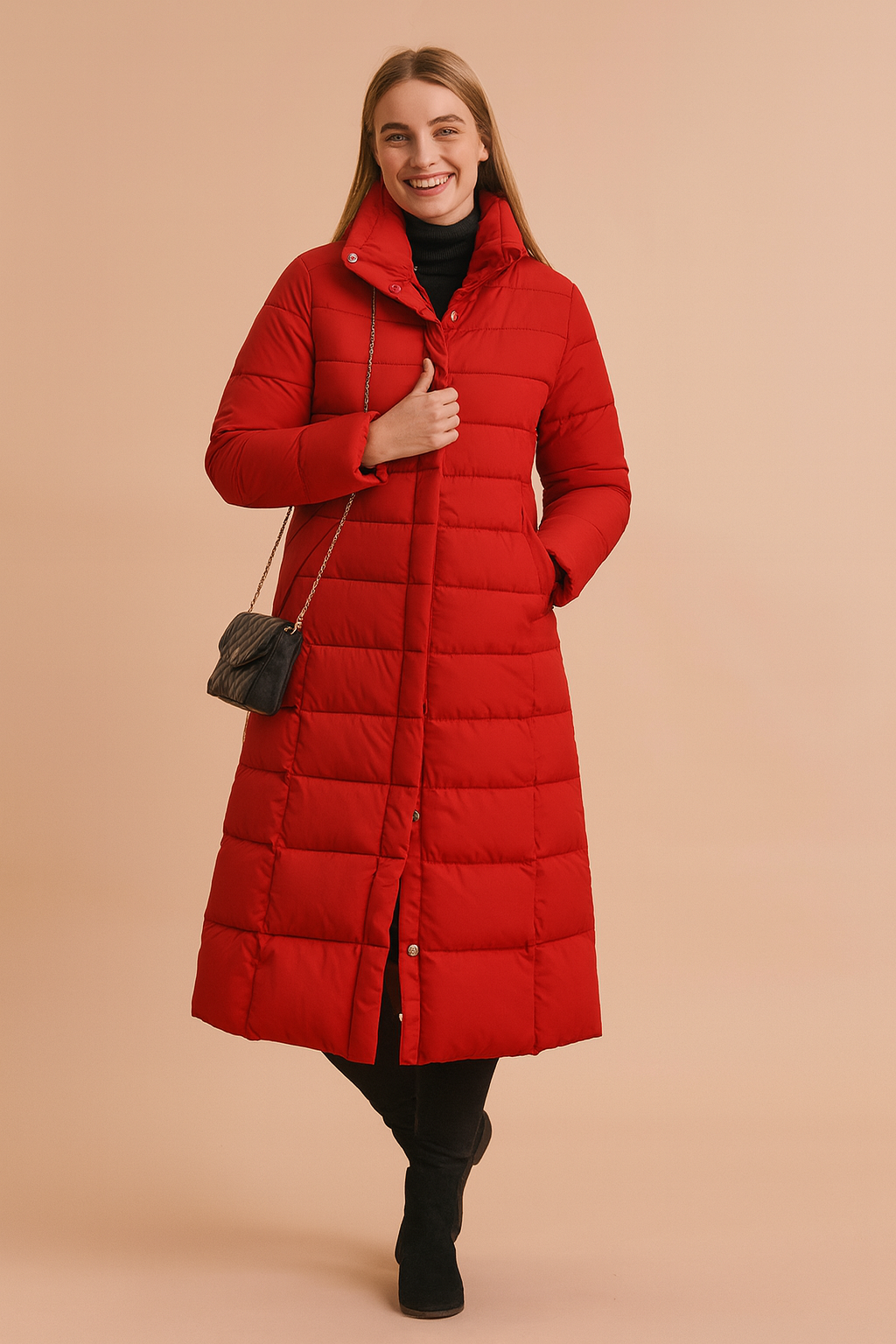 Women's Elegant Long Quilted Jacket with Belt and Fur Collar 4