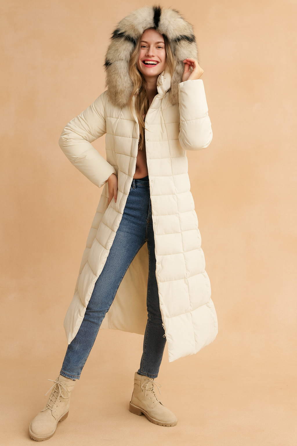Women's Elegant Long Quilted Jacket with Belt and Fur Collar 5