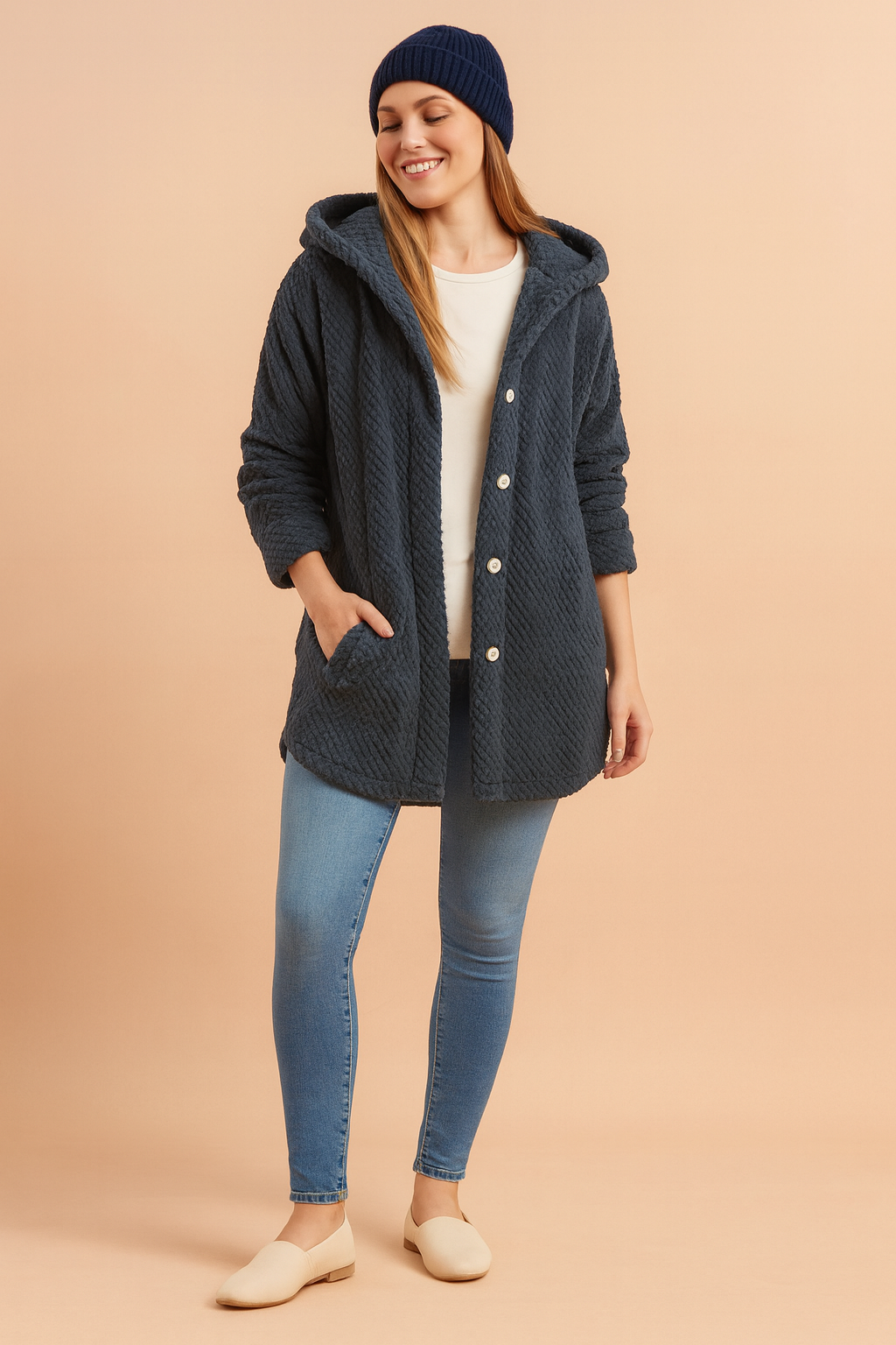 Women's Elegant Long Winter Jacket with Hood and Button Closure 0