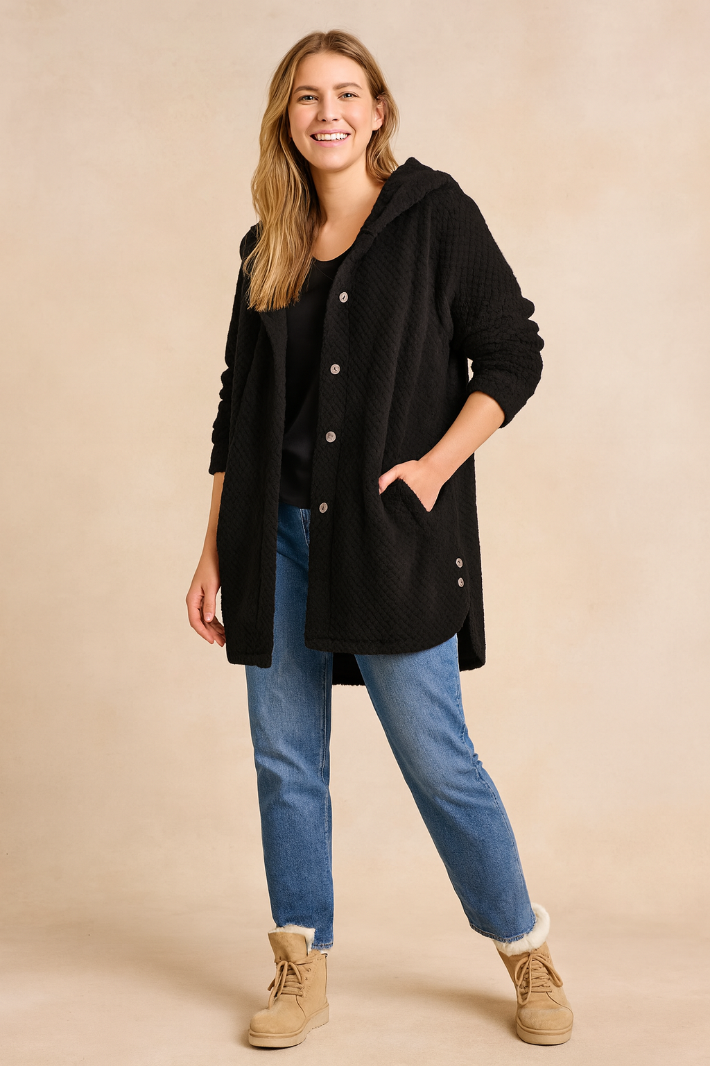 Women's Elegant Long Winter Jacket with Hood and Button Closure 1