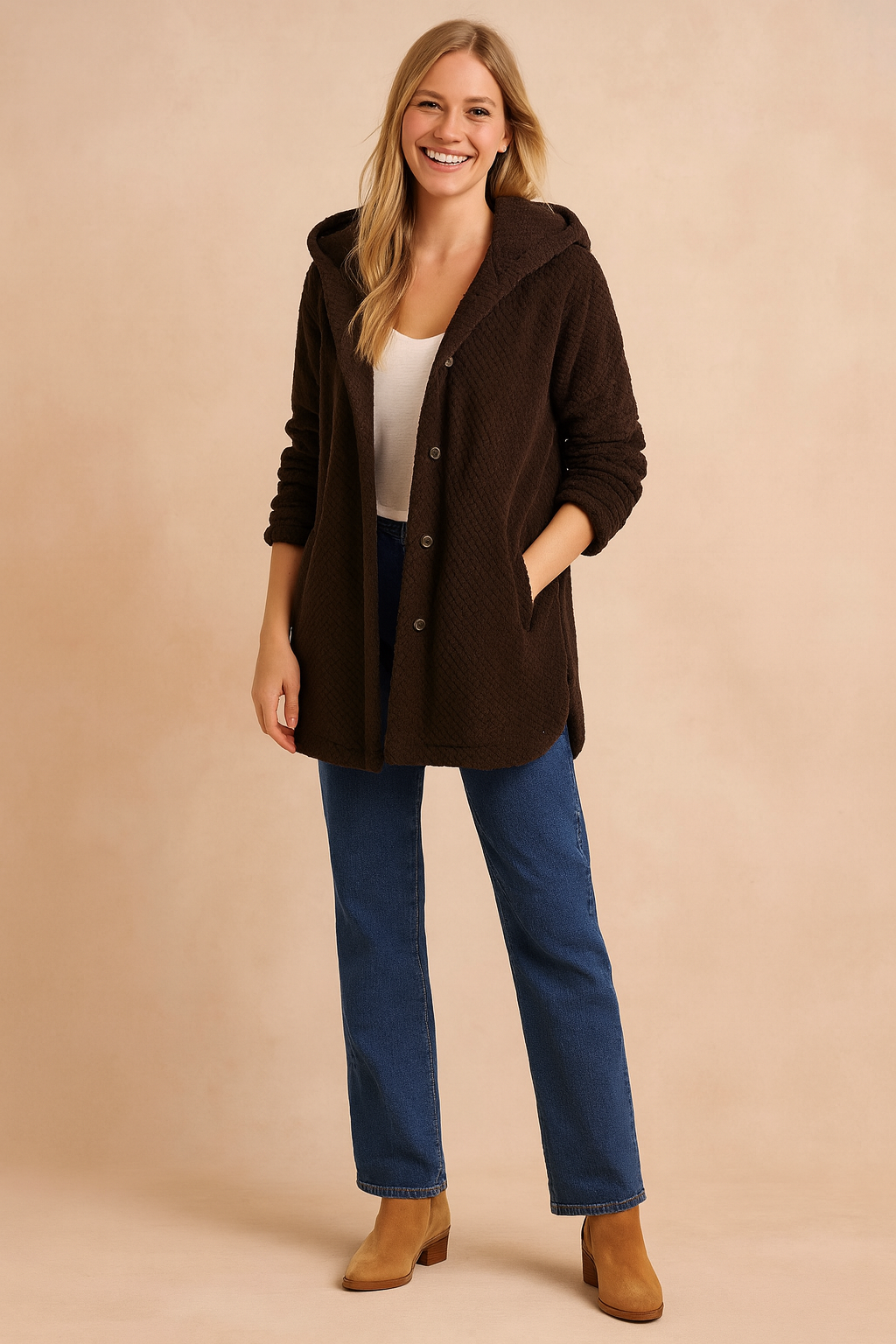 Women's Elegant Long Winter Jacket with Hood and Button Closure 3