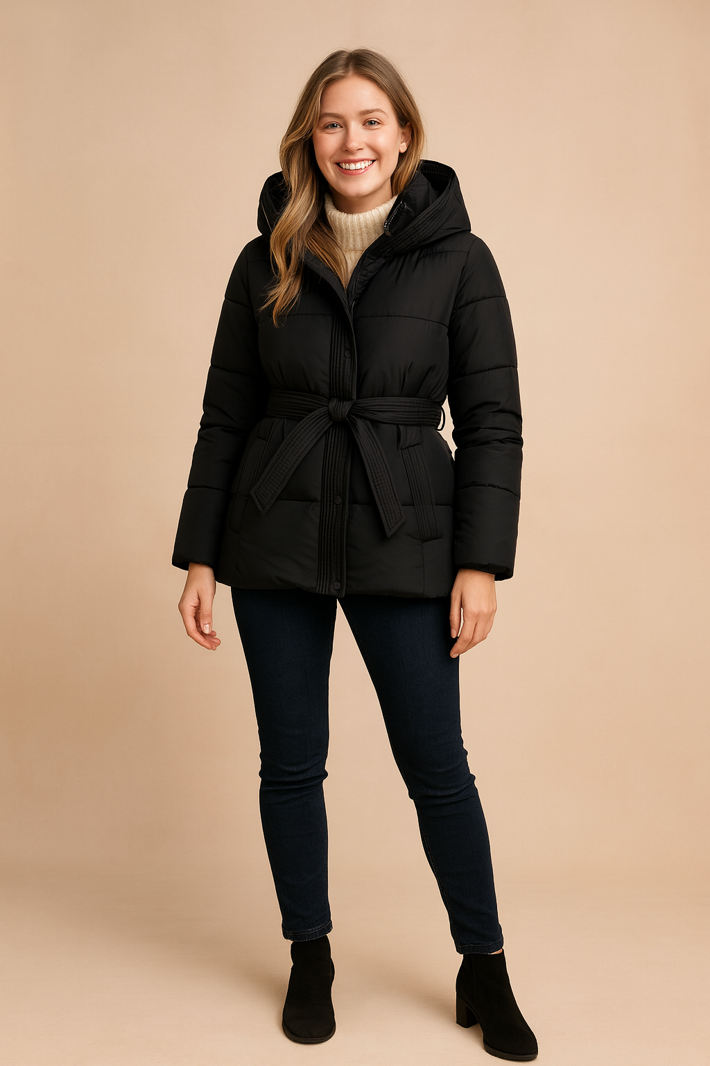 Women's Insulated Puffer Jacket with Belt and Hood for Winter Coats 0
