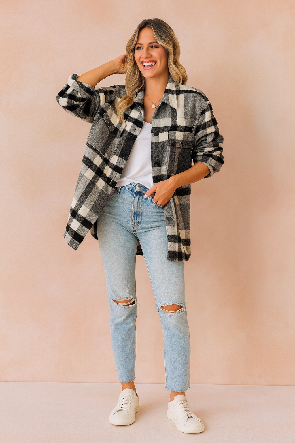 Women's Oversized Checkered Jacket Lightweight Comfort Cotton 0