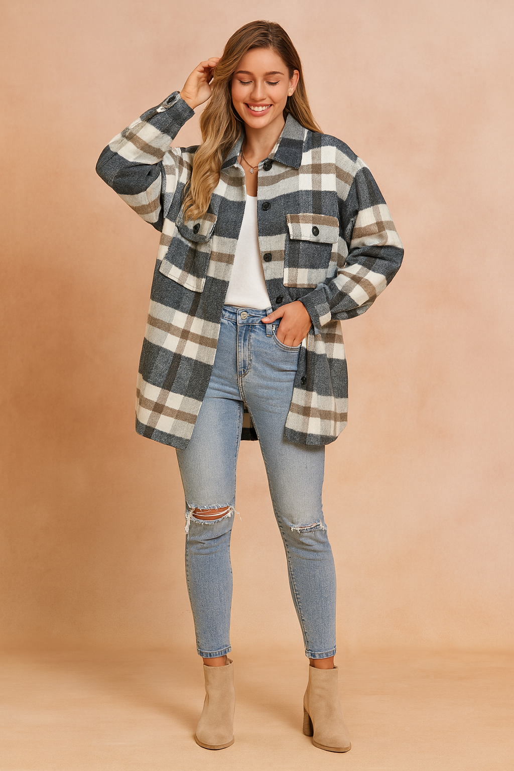 Women's Oversized Checkered Jacket Lightweight Comfort Cotton 1