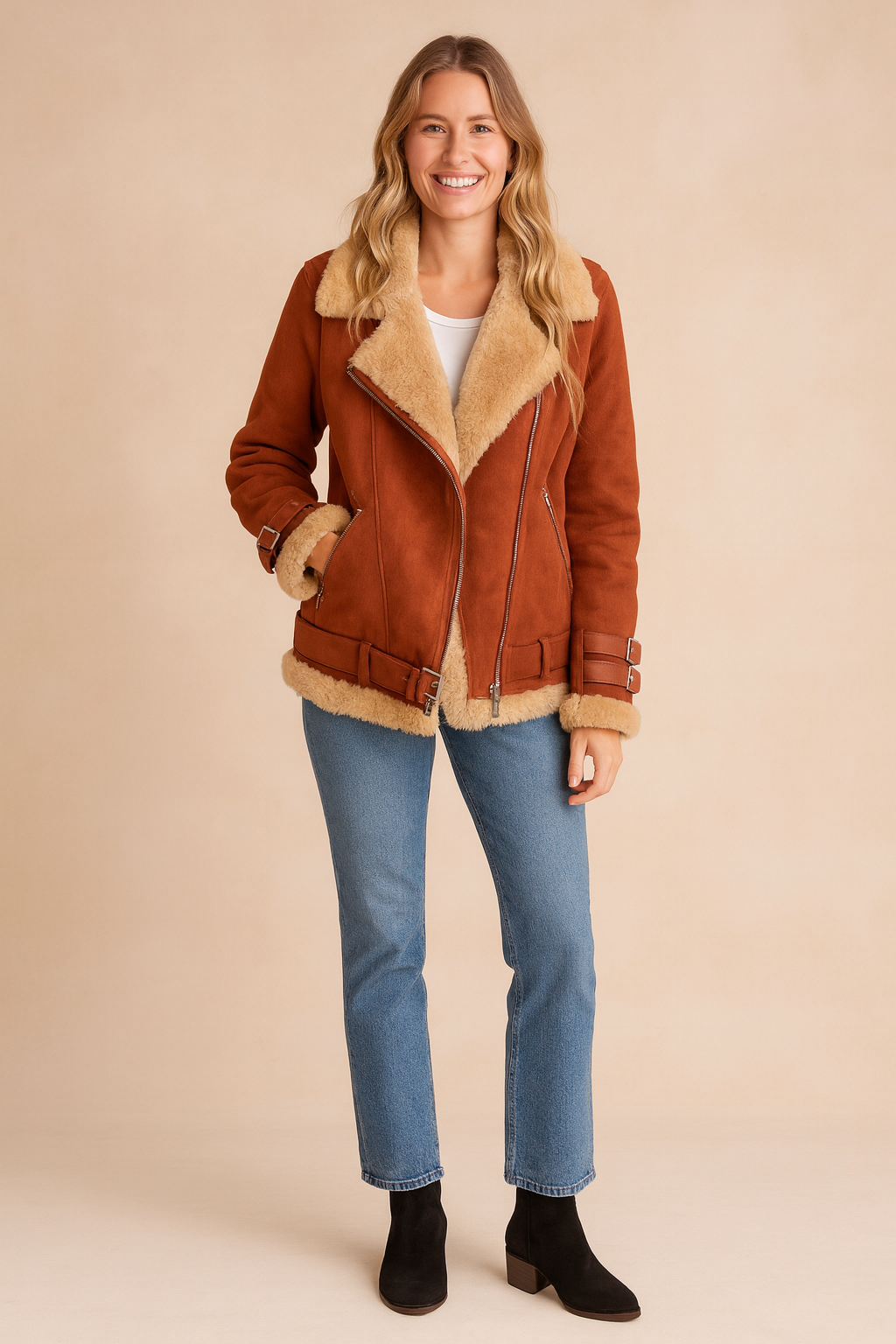 Women's Warm Aviator Jacket with Stylish Stripes Sheepskin 0