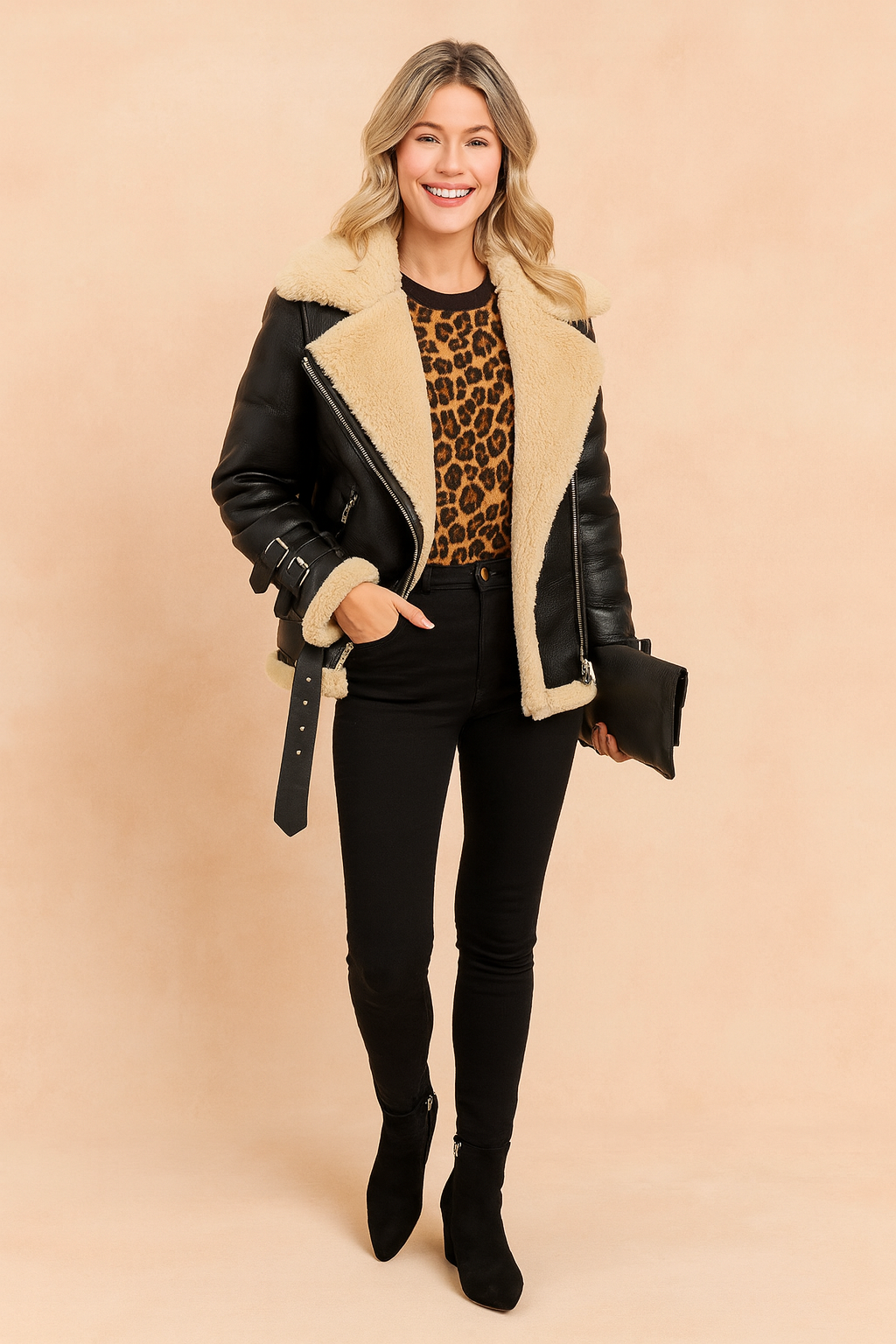 Women's Warm Aviator Jacket with Stylish Stripes Sheepskin 1