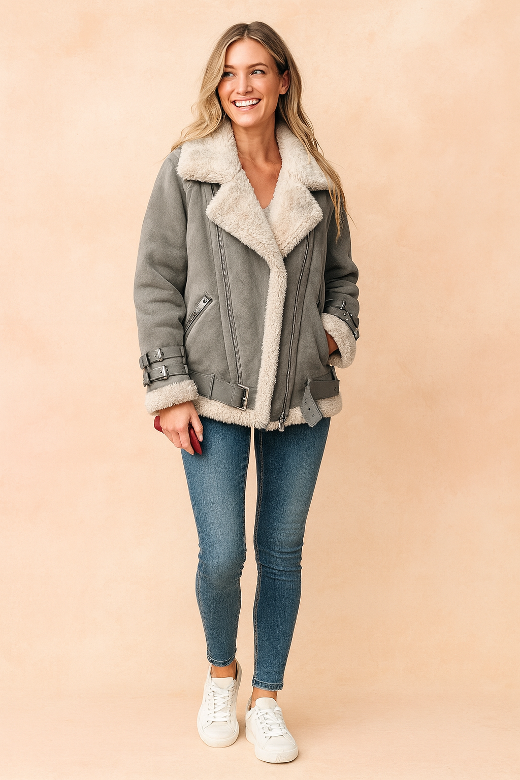 Women's Warm Aviator Jacket with Stylish Stripes Sheepskin 2